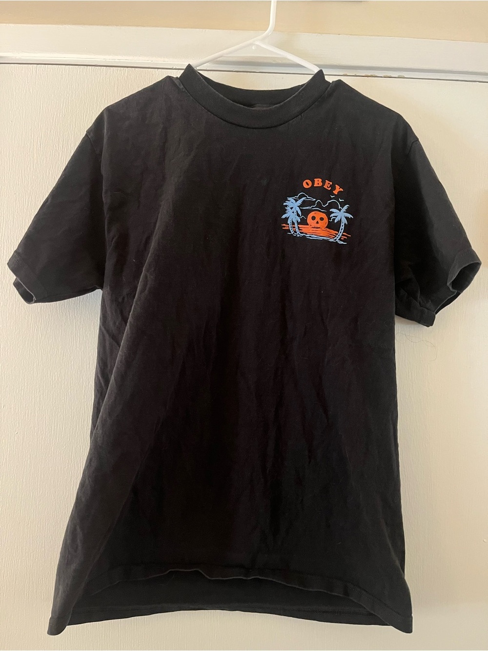Obey Black Short-Sleeve Tee with Orange & Blue Palm Graphic